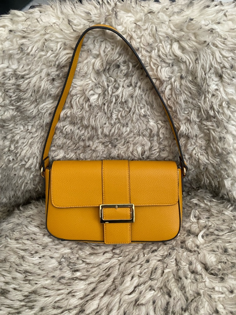 Nanette Lepore Mustard Yellow Leather Shoulder Bag with Gold Buckle